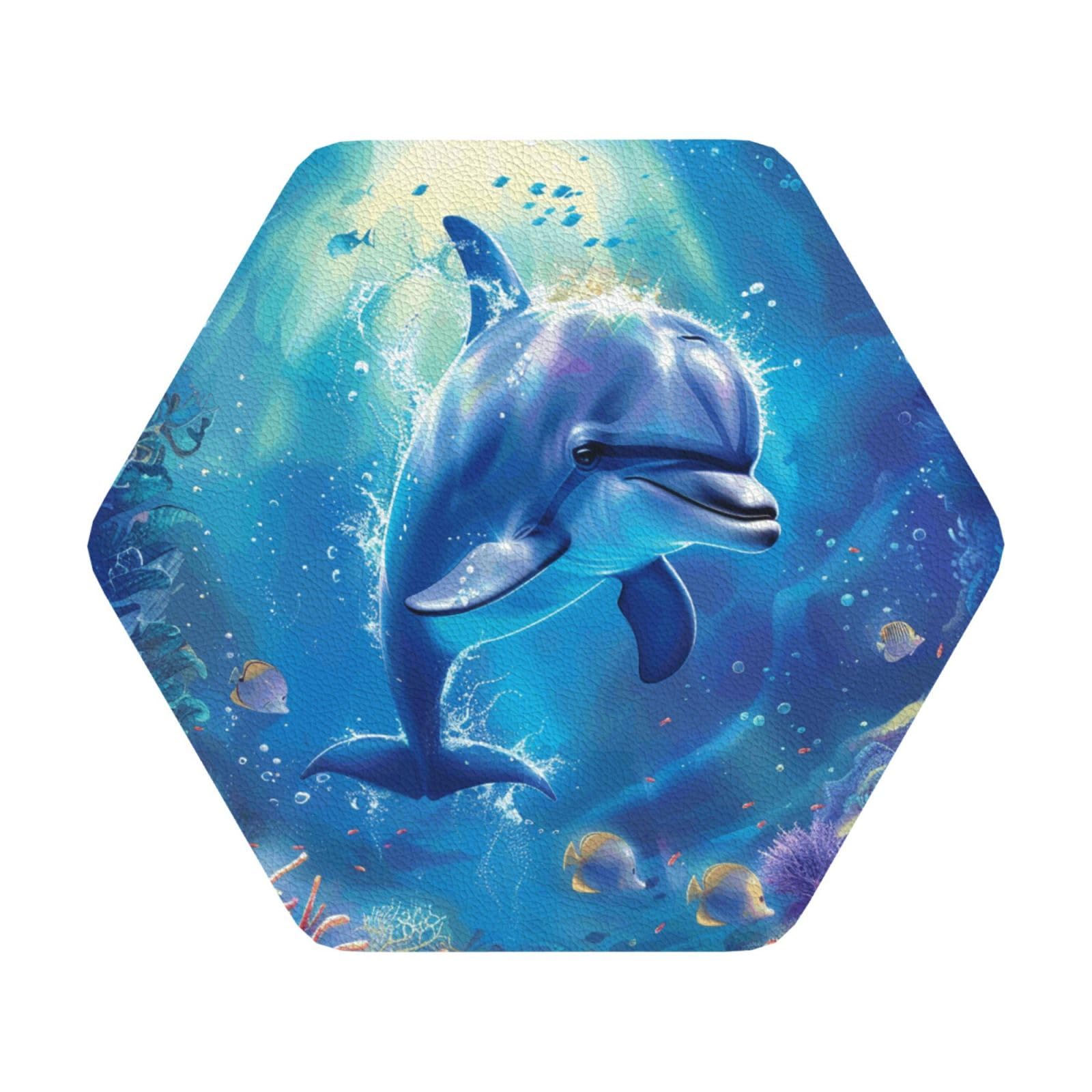 cute Dolphin Print Leather Coaster Set of 6, Hexagon Coasters Table Decorative Coffee Cup Beverage Coasters Wine Beer Bar Coasters for Hot Drinks Table Protection