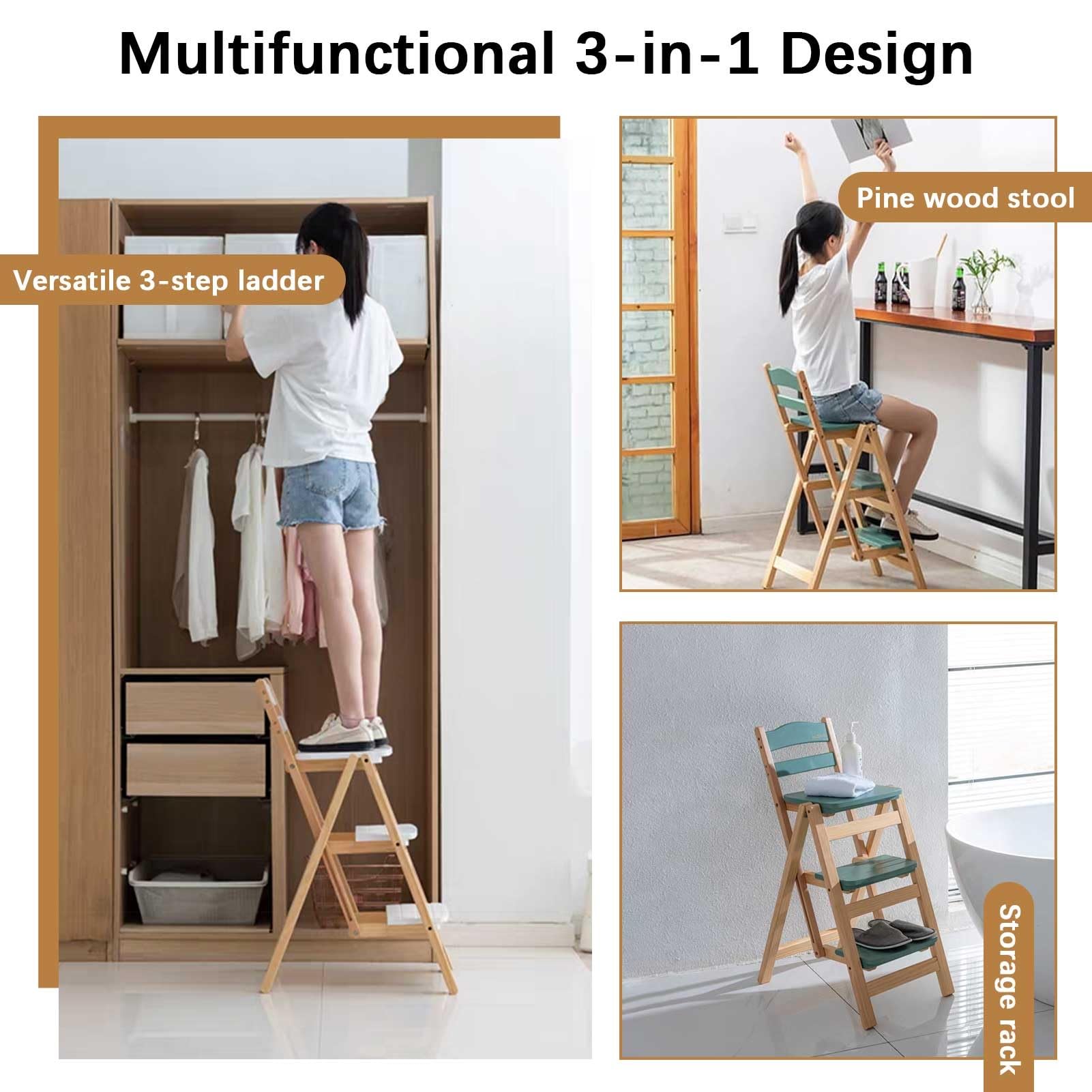 Taburete plegable madera y silla escalera biblioteca taburete liro y portátil 3 escalones para el hogar cocina bar jardín baño soporte exhibición almacenamiento