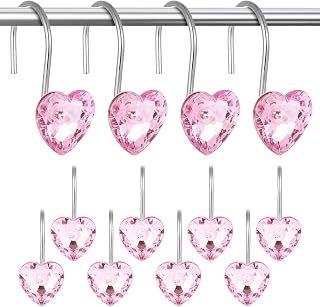 12Pcs Pink Shower Curtain Hooks Rust Proof, Crystal Heart Shower Curtain Rings Stainless Steel, Cute Pink Bathroom Accessories Decorative for Women Girls Valentine