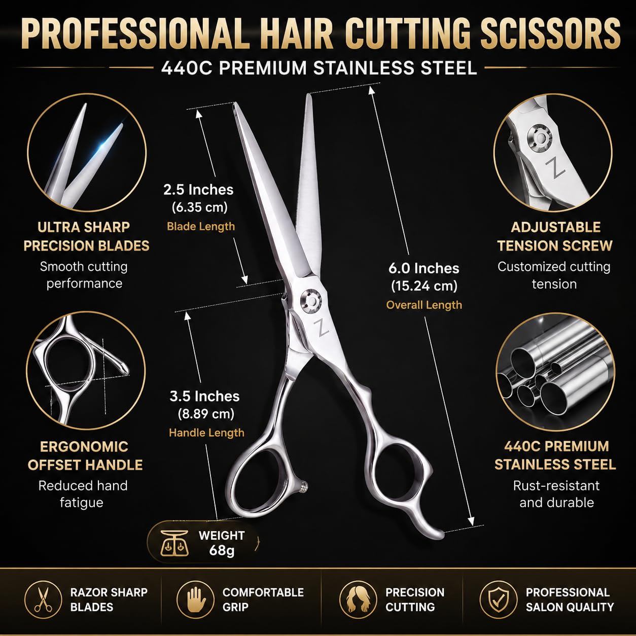 6-Zoll professionelle Haarschneideschere mit ultrascharfen Klingen, hochwertige Haarschere aus Edelstahl für und müheloses Schneiden, ideale Friseurschere für den Einsatz zu Hause und im Salon