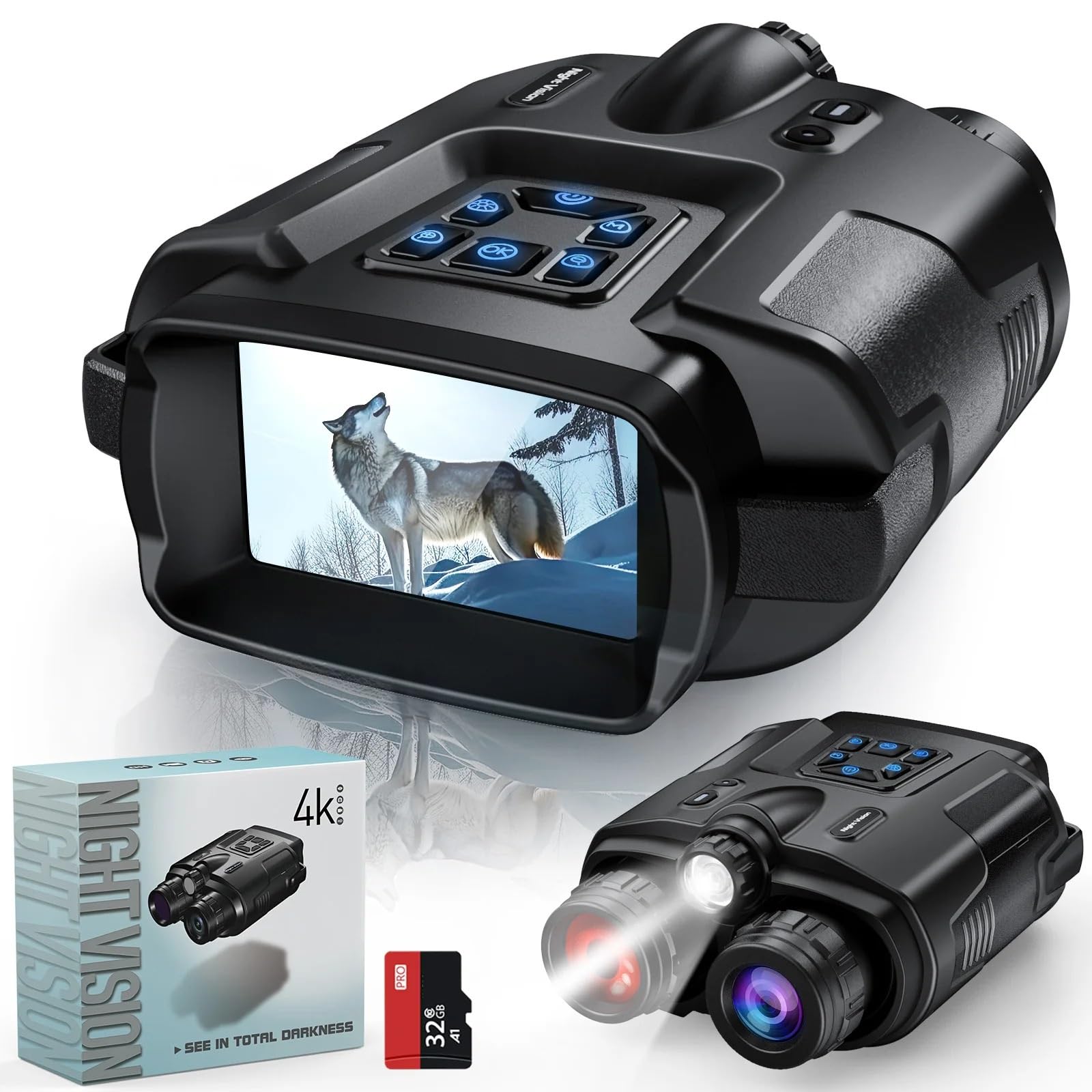 Jumelles de vision nocturne 4K, 32 Go, lunettes de vision nocturne infrarouge, grand écran 3 pouces, zoom numérique 8x, lampe tactique for le camping et la chasse