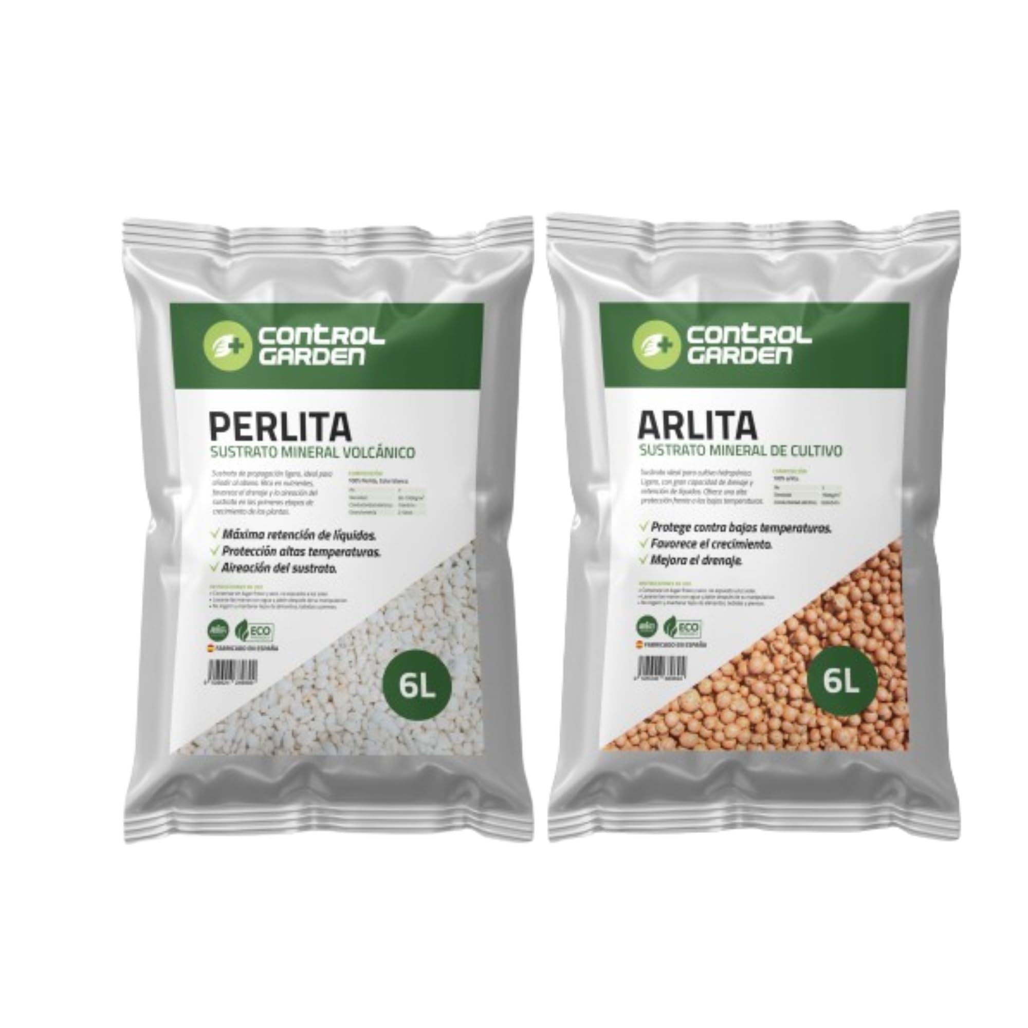 GROWMANIA.ES CONTROL GARDEN Pack Arlite 6L + Perlite 6L | Substrat pour plantes et cultures intérieur et extérieur | Fabriqué en Espagne