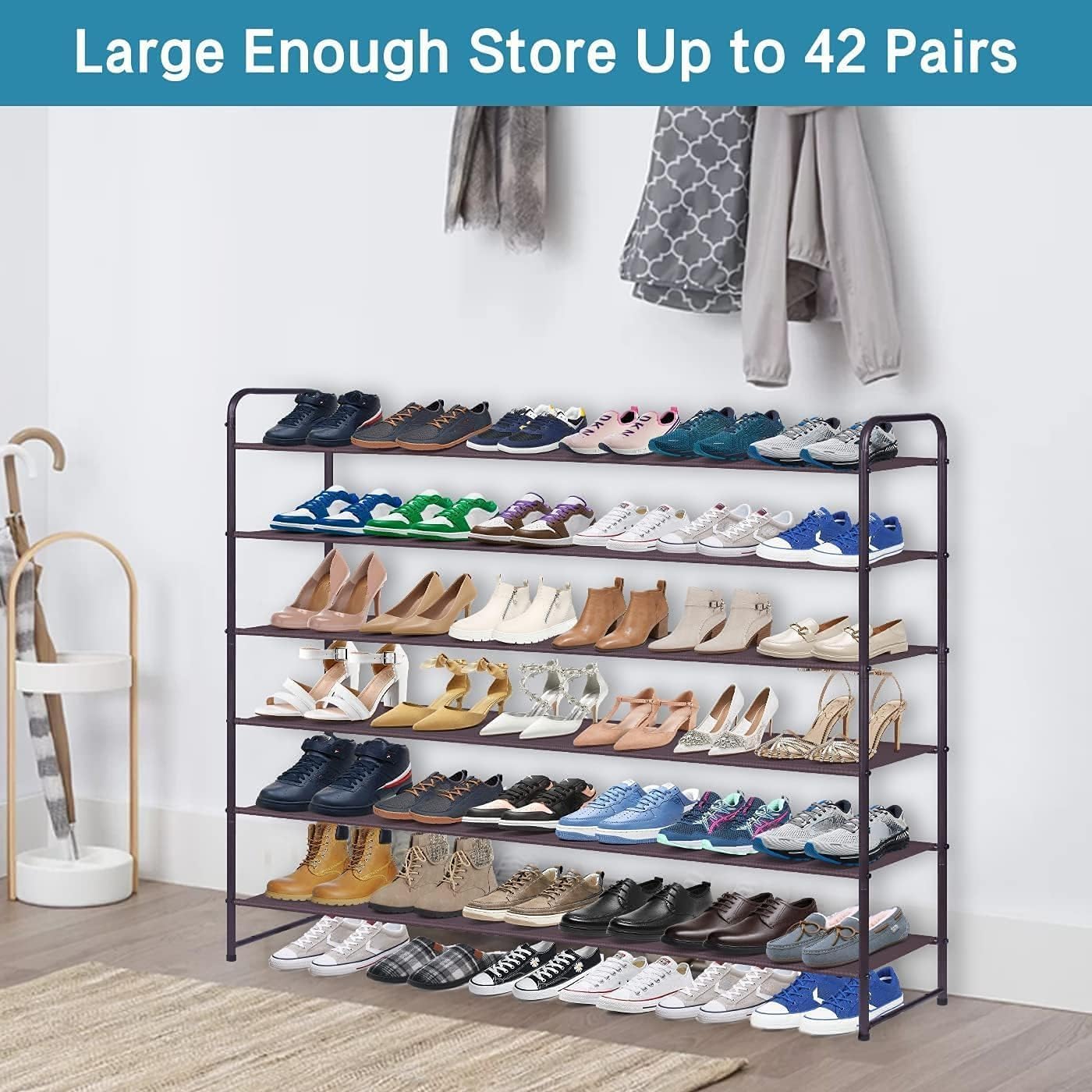 KIMBORA 6 Tier Long Shoe Rack for Closet, Wide Closet Shoe Organizer Storage Sturdy Sneaker Shelf for Floor, Bedroom 42 Pairs (Bronze)