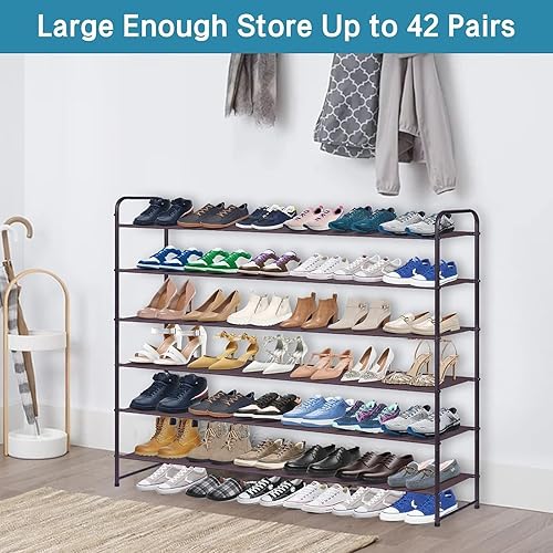 Miniatura 10 de KIMBORA Zapatero largo de 6 niveles para armario, organizador de zapatos ancho para armario, estante resistente para zapatos para piso, dormitorio,