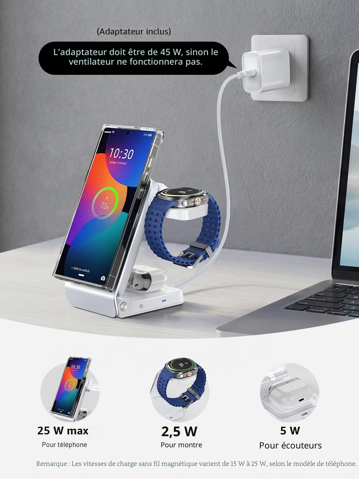 Station de Charge 3-en-1 Magnétique avec Refroidissement Actif, Chargeur sans Fil pour Galaxy S26 Ultra, Watch 8, Pliable Chargeur Induction pour Rapide avec Téléphones Android (Blanc)
