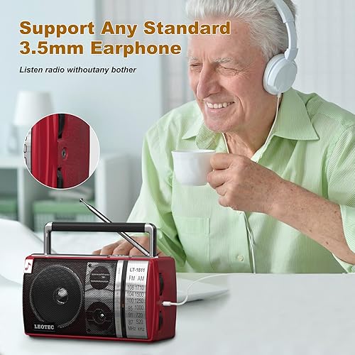 Miniatura 6 de LEOTEC Radio AM FM, radio Bluetooth portátil, enchufe de pared o funciona con pilas, la mejor recepción con conector para auriculares, de mano,