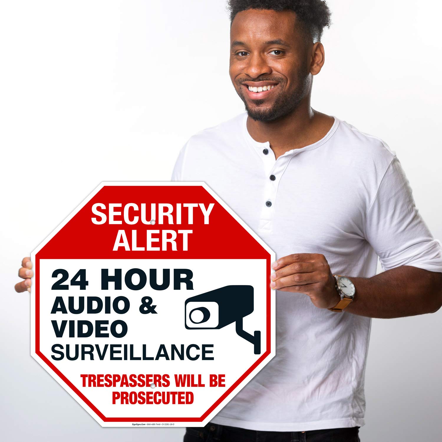 24 Hour Audio and Video Surveillance Sign, 18x18 Inches, Rust Free .063 Aluminum, Fade Resistant, Easy Mounting, Indoor/Outdoor Use, Made in USA