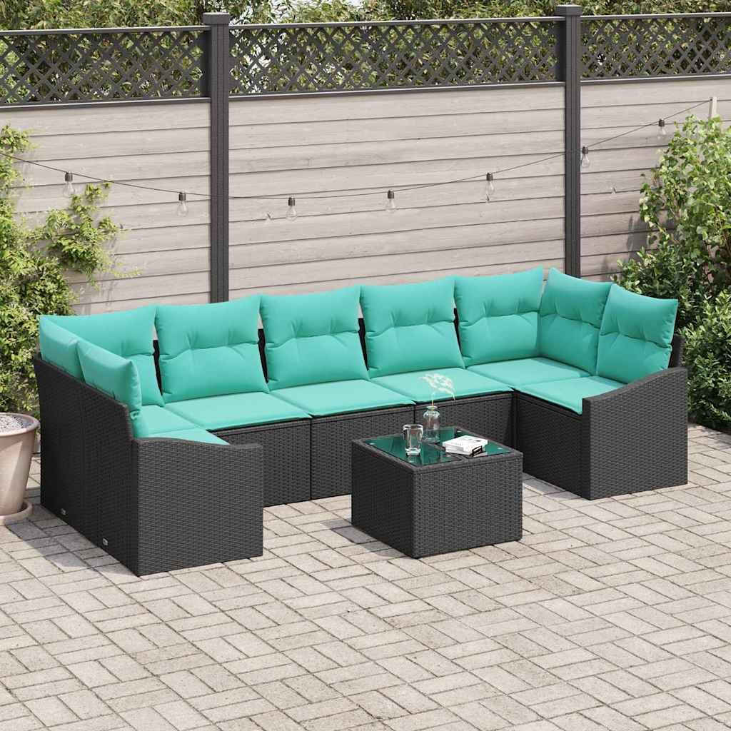 Set di 8 divani da giardino in polyrattan, colore nero e turchese | Il tavolo regolabile in altezza trasforma l'area lounge in tavolo da pranzo su balcone e terrazza, con spazio di