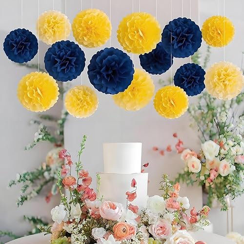Miniatura 3 de XIKSXITN 12 pompones de papel de seda azul y amarillo para colgar, bolas de flores de papel para decoración de fiestas (8, 10 y 12 pulgadas)