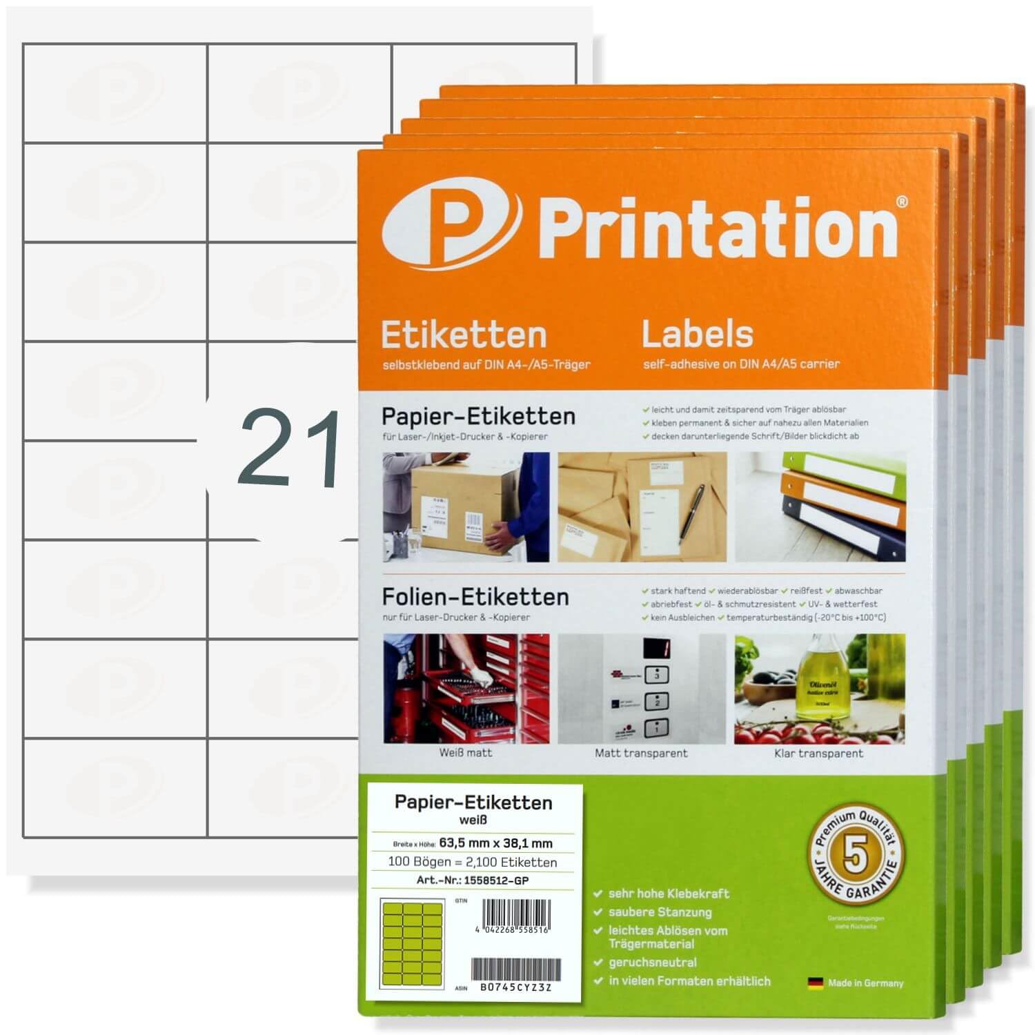 Printation 10500 Etichette per indirizzi 63,5 x 38,1 mm - autoadesive, bianche stampabili, 63,5x38,1 - Etichette Adesive A4 per Stampante su 500 fogli A4 3x7 24, angoli arrotondati 4677 LA320