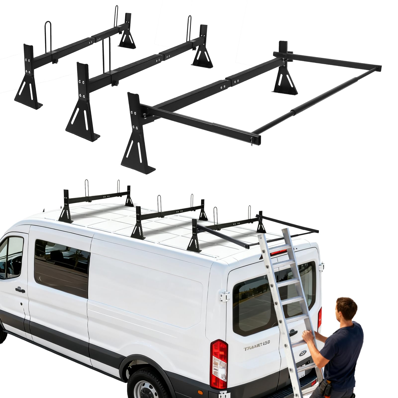 Photo 1 of ***Missing parts**hightall Van Ladder Rack with Roller,Adjustable Length 50-61" Van Roof Rack with Cargo Stoppers,Compatible with Ford Transit150/250/350,Enclosed Trailer,Drilling Required