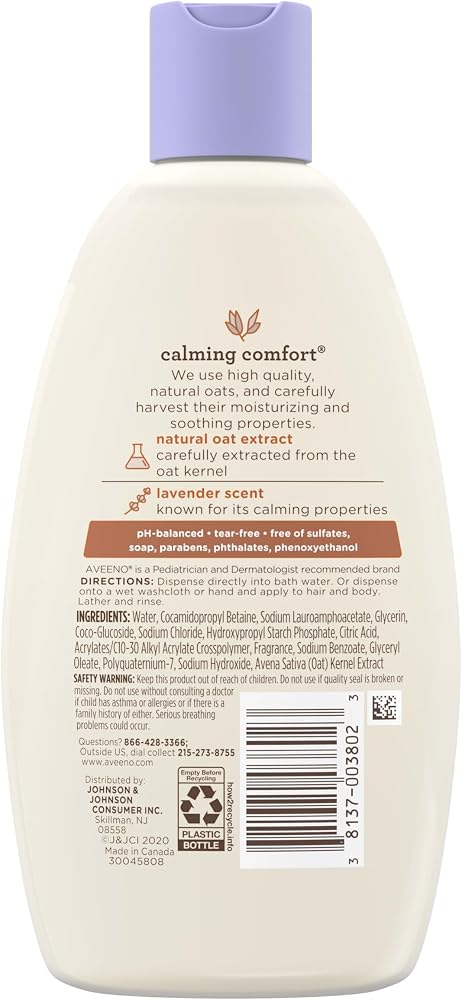 Aveeno Baby Calming Comfort Bath & Wash with Relaxing Lavender & Vanilla Scents & Natural Oat Extract, Hypoallergenic & Tear-Free Formula, Paraben-, Phthalate- & Soap-Free, 8 fl. Oz