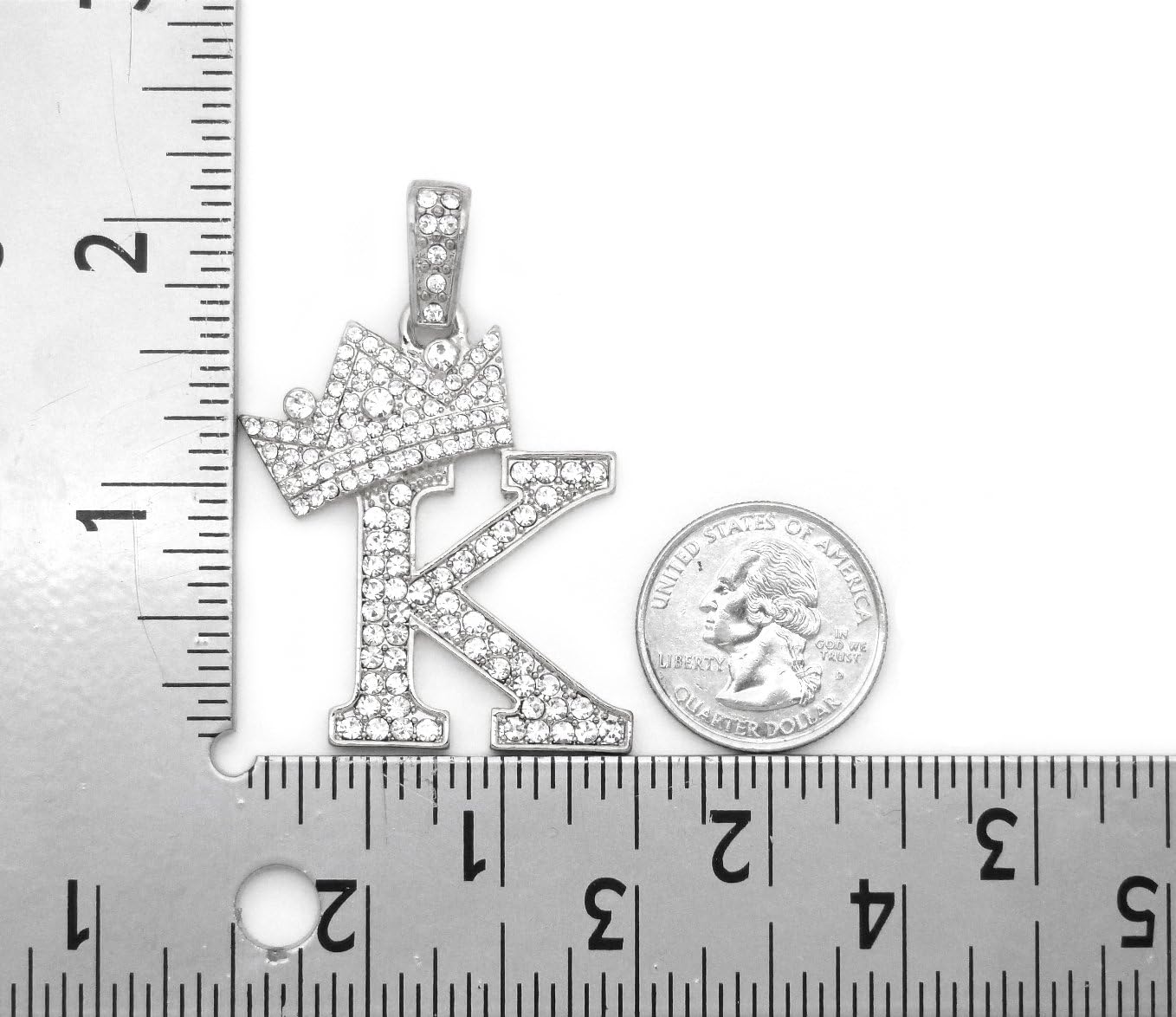 Fashion 21 Iced Out King Crown Alphabet Initial Pendant 2mm 24" Box Chain Necklace in Gold, Silver Tone (K - Silver)
