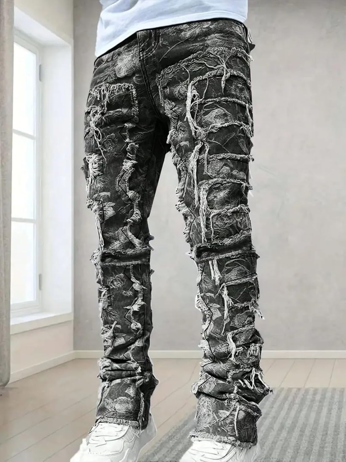 Stacked Jeans Men Skinny Ripped Jeans Slim Fit Denim Pants Y2K Goth Harajuku Emo Jeans Trouser