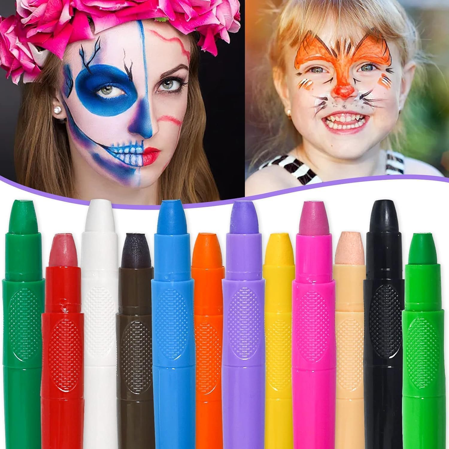 Face Body Paint Sticks Kit ,Face Paint Makeup Kit for Kids ,12 Color Water Based Face Body Painting Crayon Set ,Twistable Face Paint Marker Sticks for Art Theater Halloween Cosplay Clown Makeup