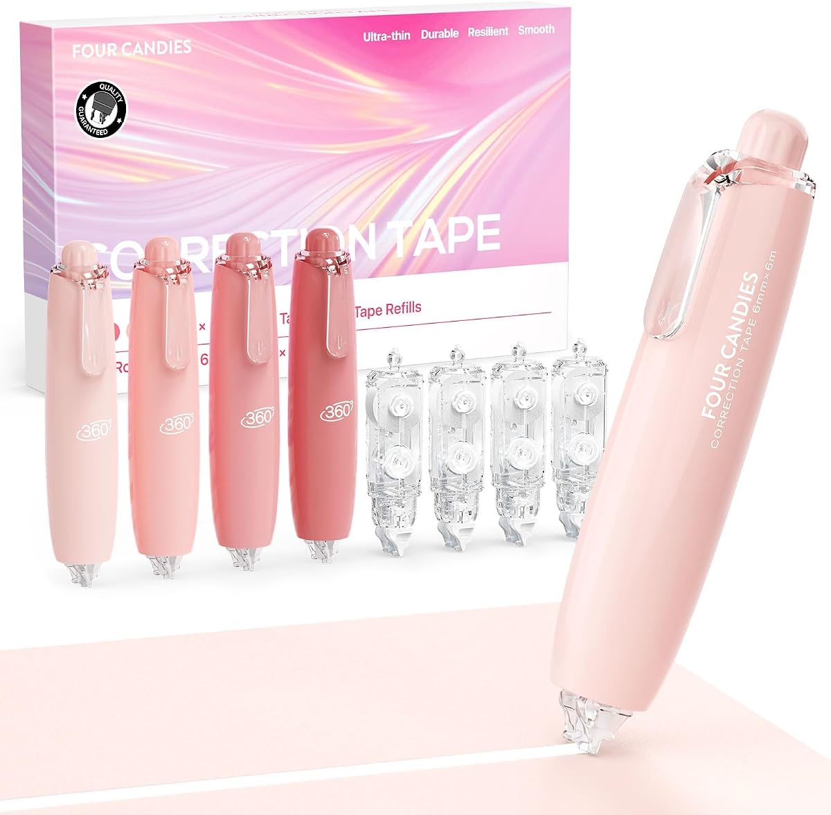Four Candies Refillable Correction Tape, 4PCS White Tape with 4 Refills | Smooth White Pull-Out Tape for Instant Corrections, Easy to Use Applicator for Office, School Supplies (Pink)
