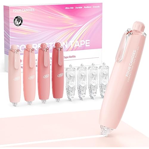 Four Candies Refillable Retractable White Correction Tape, 4PCS Smooth White Pull-Out Tape with 4 Extra Refills, Easy to Use Applicator for Instant Corrections for Office, School Supplies (Pink)