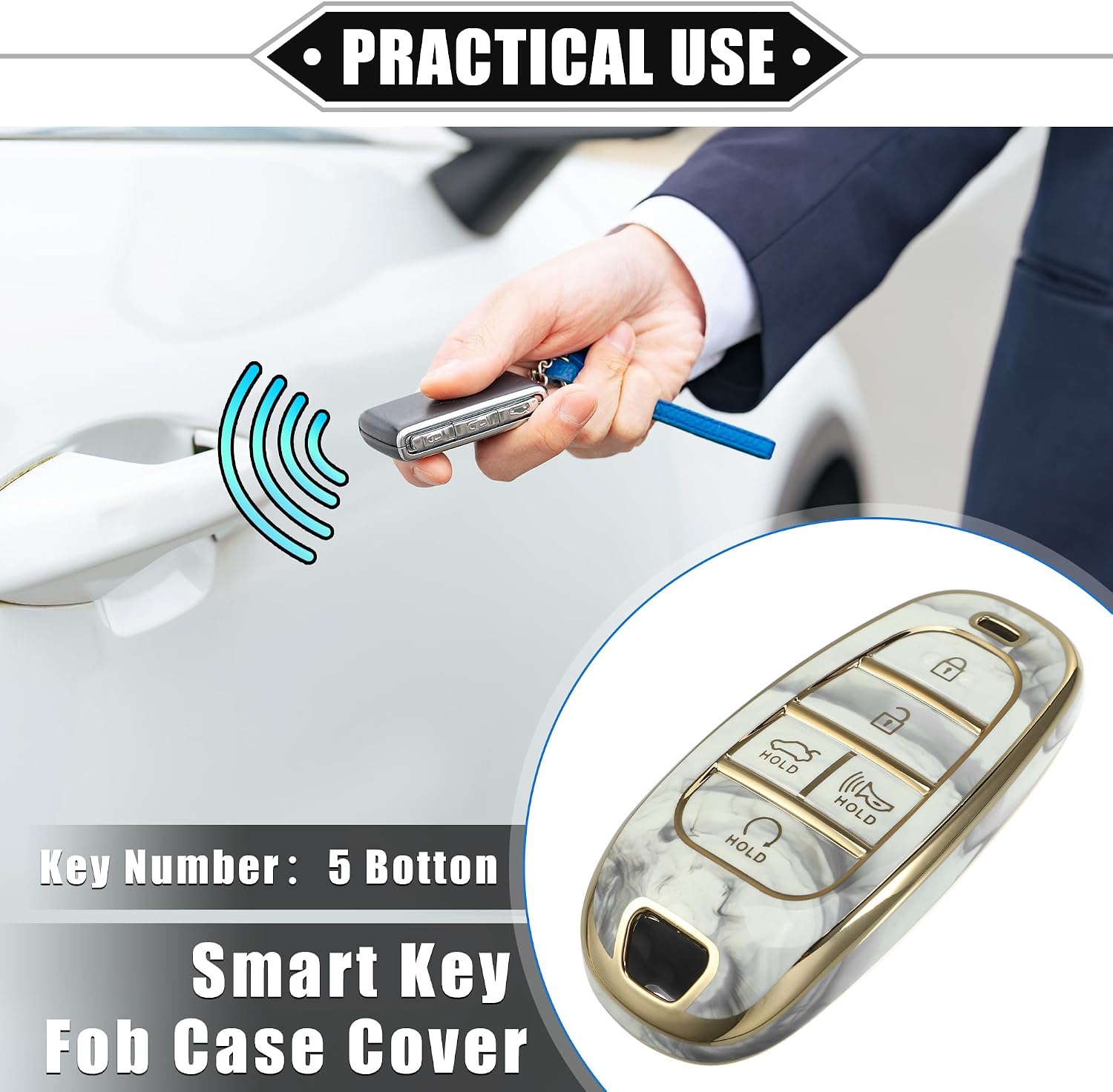 Key Fob Cover Compatible for Hyundai Tucson 2020-2022, 5 Button Porcelain Pattern Soft TPU Gray Remote Keyless Smart Key Fob Case Protection Shell image 2