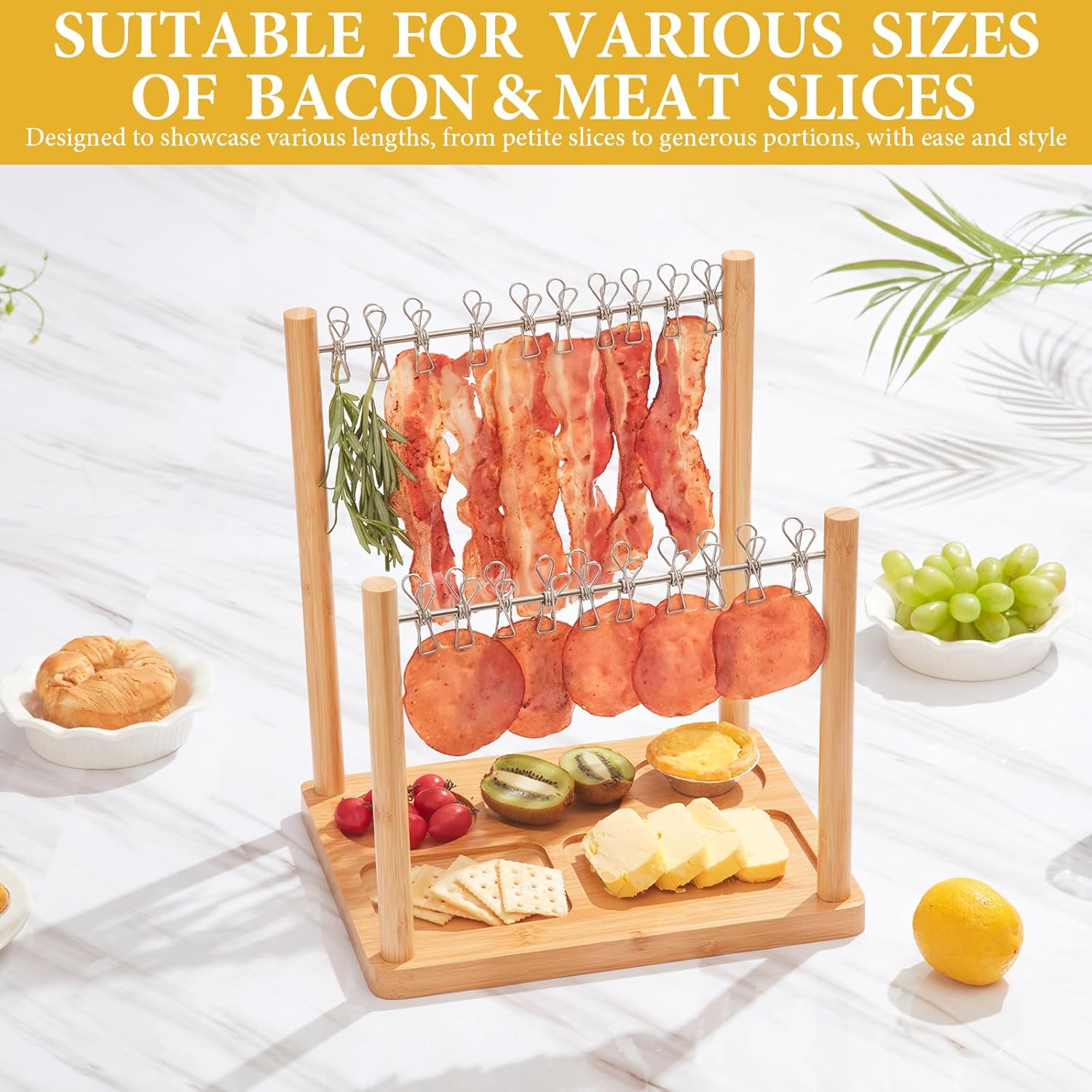 Bacon Display Rack, Serving Tray with Clothesline, Patented Design Bacon Serving Dishes, Extra Double Hangers, Exquisite Holder for Housewarming, Home Party, or Wedding Gifts (Natural Bamboo)