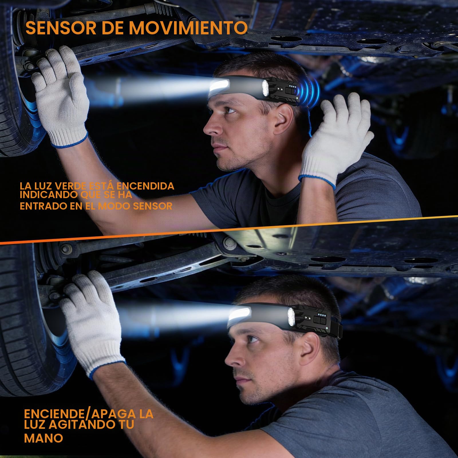 Oderra Linterna Frontal Recargable LED 1000 Lúmenes IPX4 Impermeable 8 Modos Sensor de Movimiento