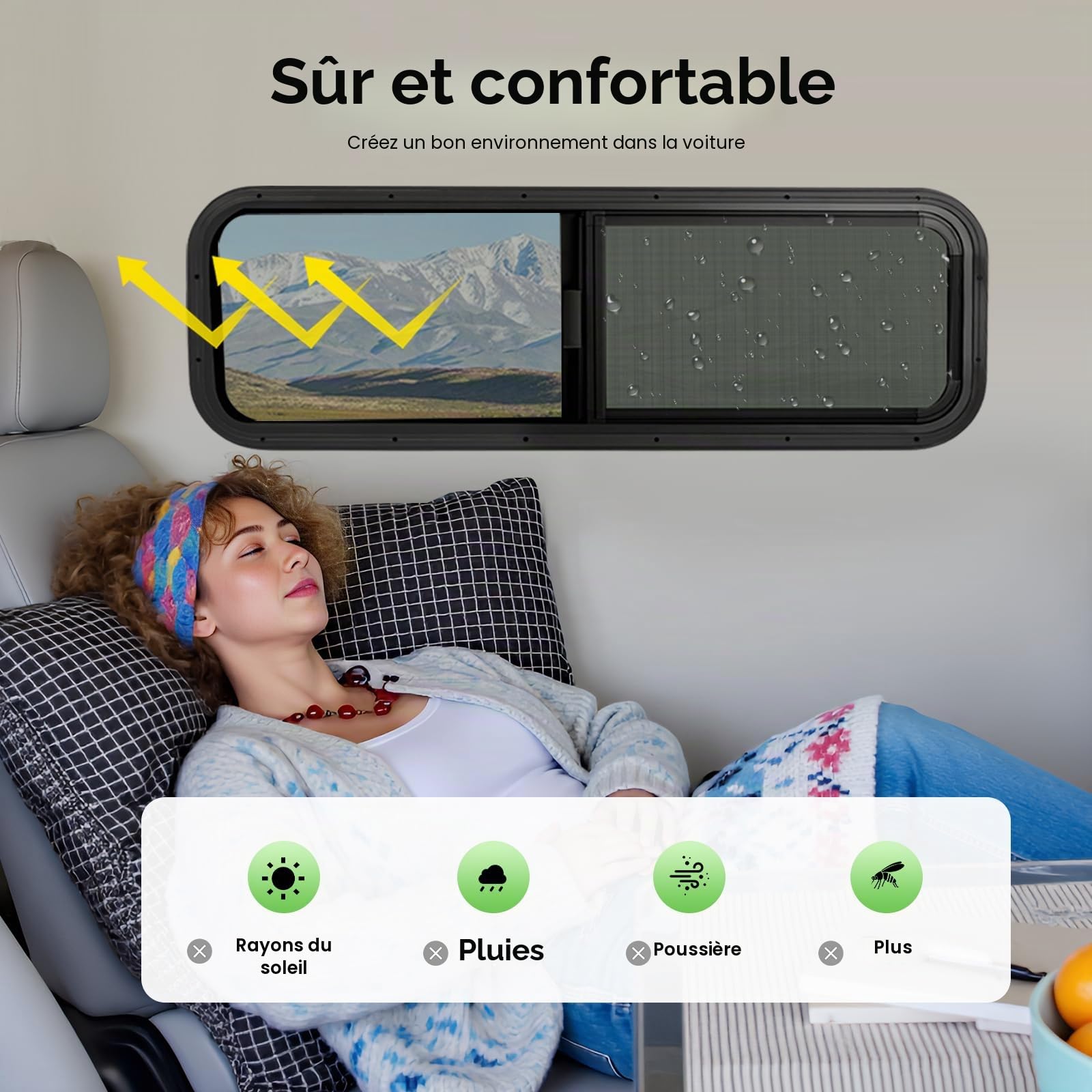 Fenêtre coulissante latérale KumuJ pour camping-car, 900x300mm, anti-insectes, protection visuelle, robuste et durable, universel pour caravane et camping-car, noir