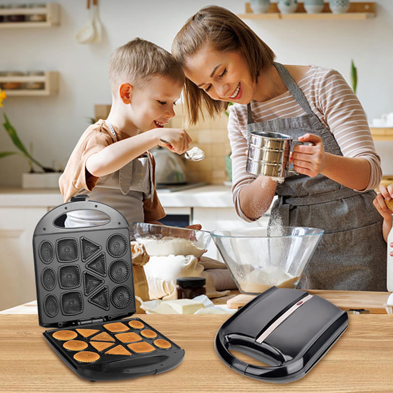 Macchina Per Scones Antiaderente Da 1400 W, Macchina Per Biscotti, Riscaldamento Su Entrambi I Lati, Prepara 4 Pancake Di Forme Diverse, Per 13 Biscotti, Ideale Per Colazione, Spuntini,