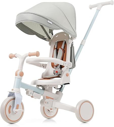 Merax Triciclo plegable 7 en 1 para niños de 12 meses a 6 años, bicicleta de equilibrio para niños con mango de empuje extraíble y ajustable,