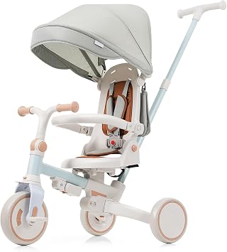 7 in 1 Baby Tricycle, Foldable Toddler Tricycle with Removable and Adjustable Parent Handle, Toddler Push Bike with Removable Pedal, Canopy, and Guardrail, Tricycle for 12-72 Months, Blue