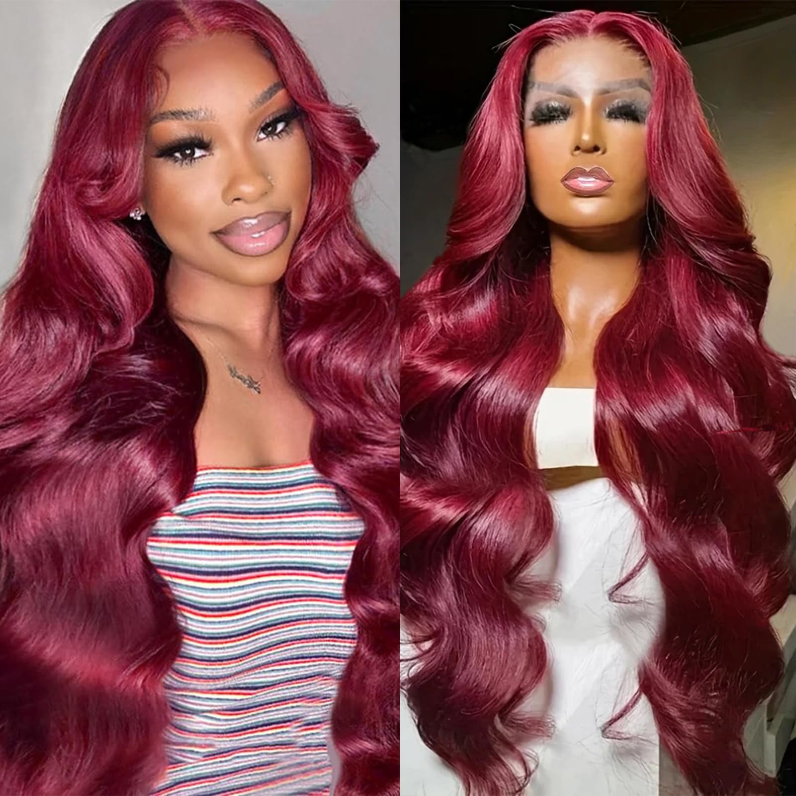 Wig burgundy wine Loose Romance Curls ombré wig Burgundy Deep Wave Lace Front Wigs Human Hair 13x6 Wine Red  main image 4
