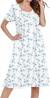 Ekouaer Cotton Nightgowns for Women Short Sleeve House Dress Pleated Night Gown Button Sleep