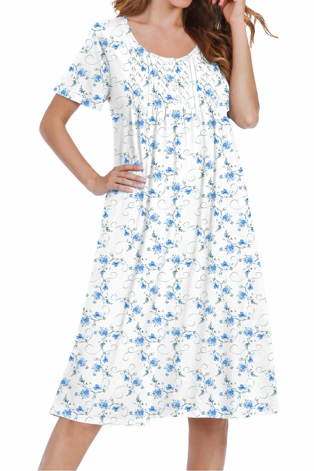 Cotton Nightgowns for Women Short Sleeve House Dress Pleated Night Gown Button Sleep Shirt Ladies Nightdress