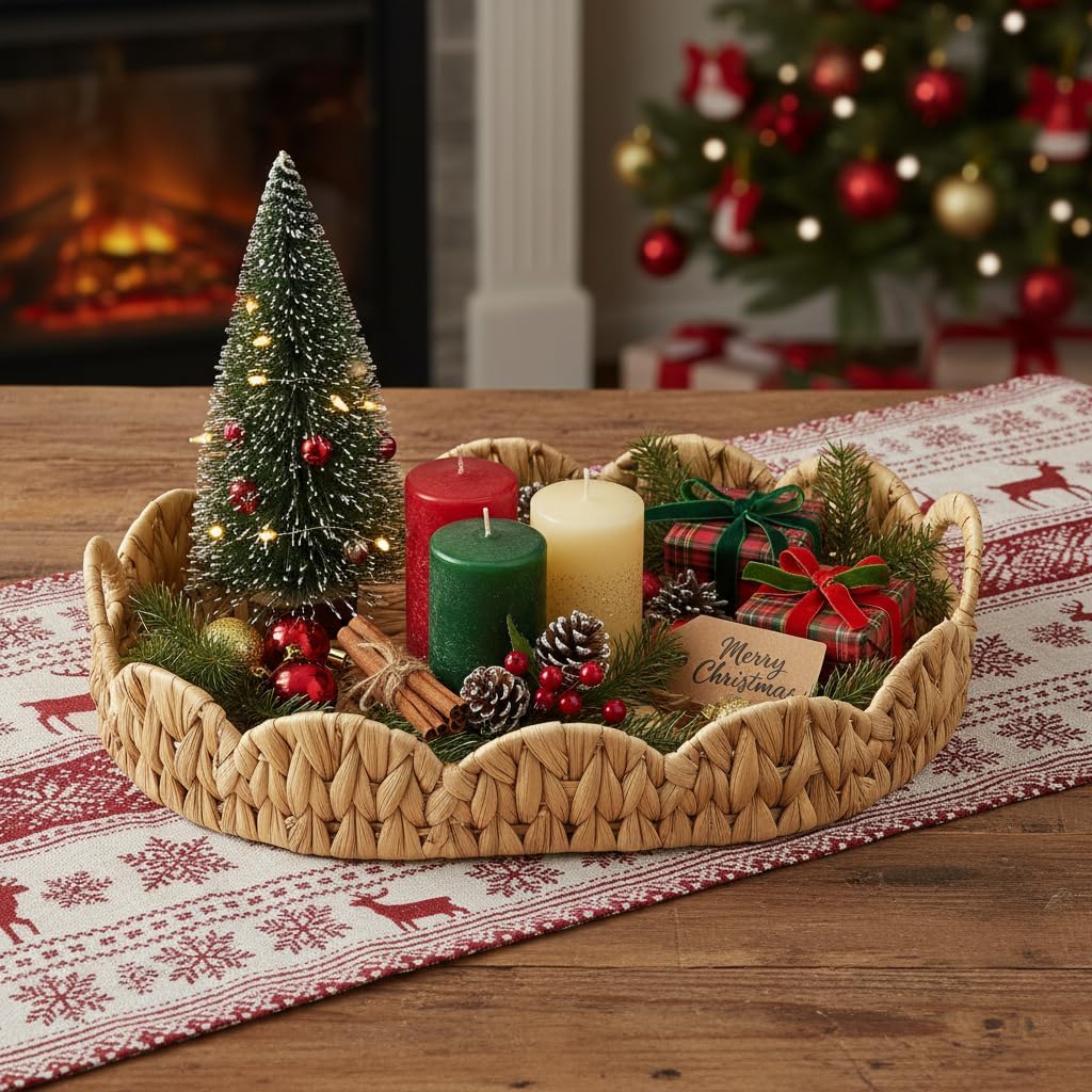 16.5'' Wicker Scalloped Serving Tray,Elliptical Rattan Tray for Countertop,Desktop,Both Decorative & Organizing - Image 2