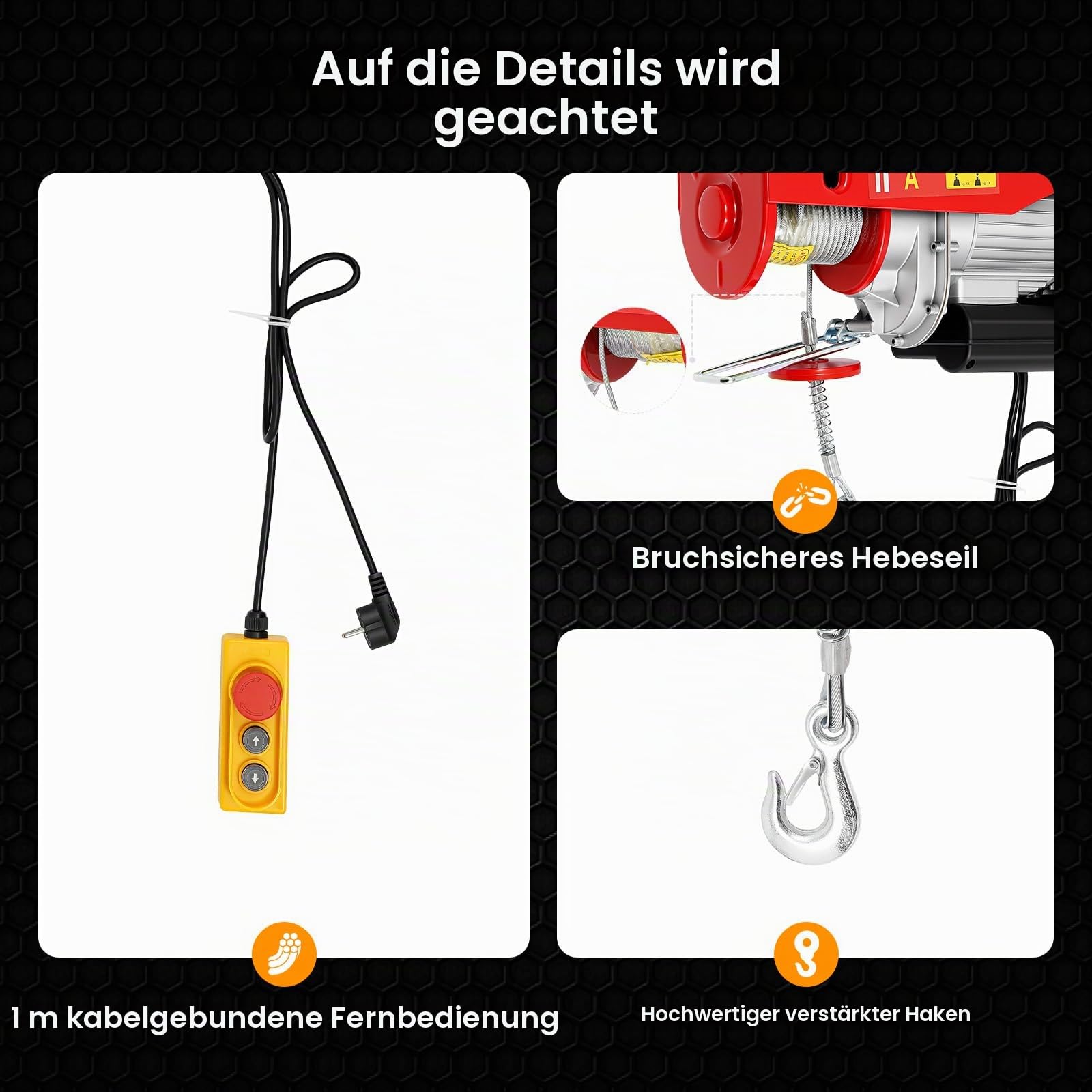 1300W Elektrische Seilwinde 400kg-800kg, Motorwinde Hubhöhe 12m, Seilhebezug Seilzug Winde Kran, Automatische Bremsfunktion, Überhitzungsschutz, 5mm Drahtseildurchmesser