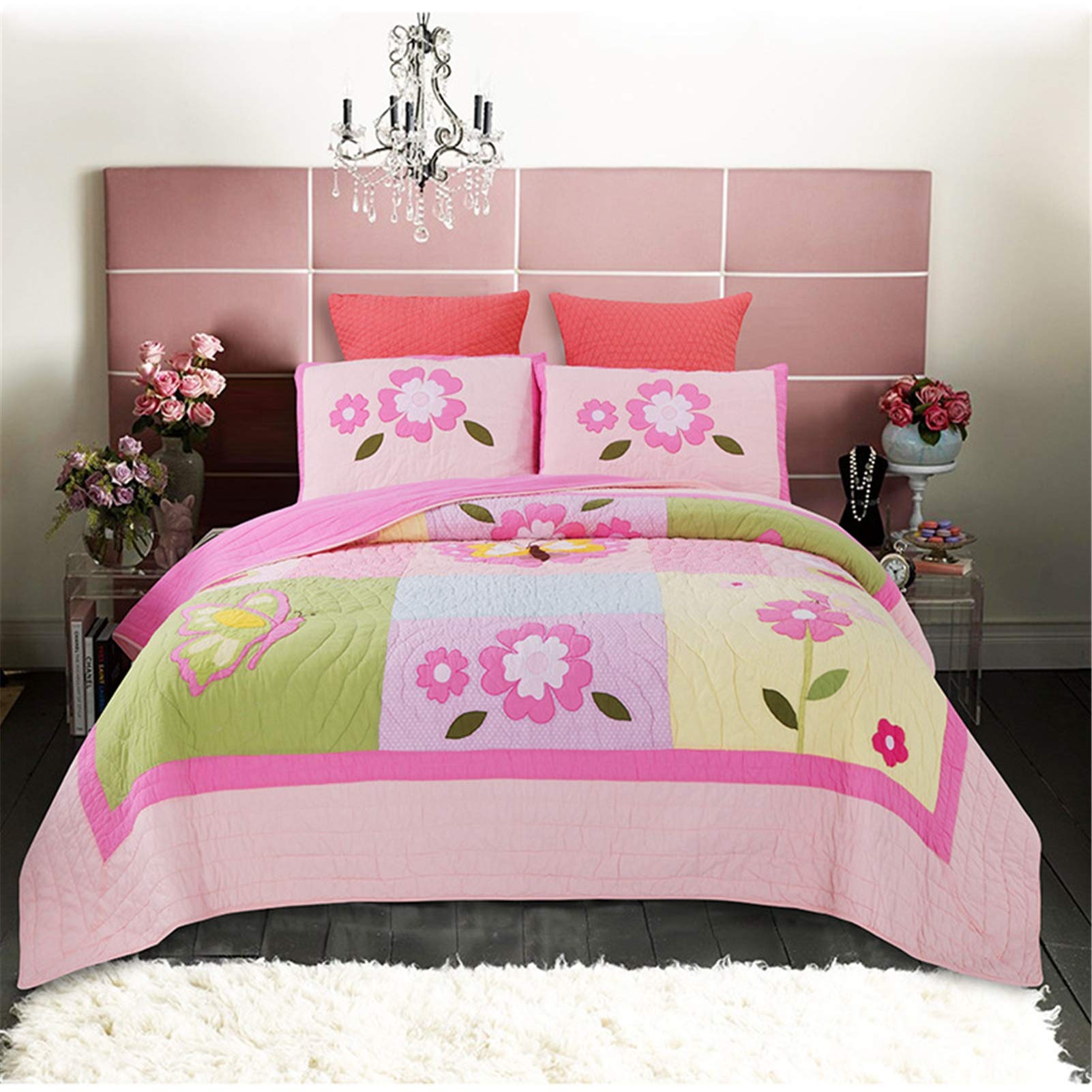 Parure de lit 3 pièces King Size rose coton matelassé floral
