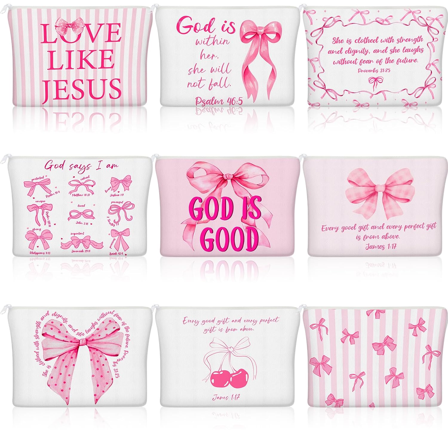 Reginary 9 Pcs Christian Bow Makeup Bags for Women Pink Coquette Bow Bible Verse Toiletry Cosmetic Bag for Inspirational Christian Gifts Religious Faith Based Favors