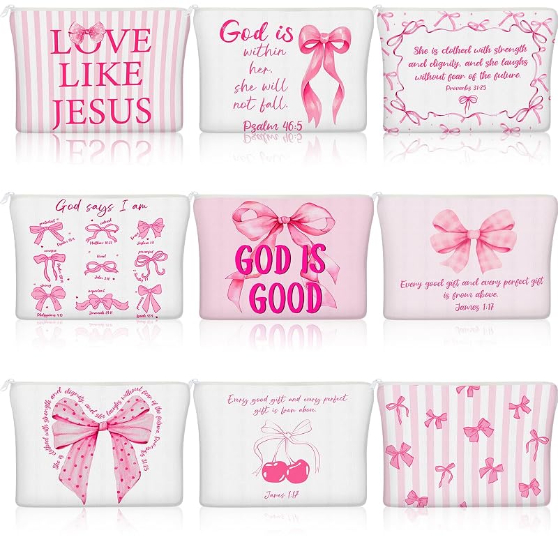 Reginary Necessaires de Maquiagem com Laço e Estampa Cristã, Pacote com 9, Rosa Coquette