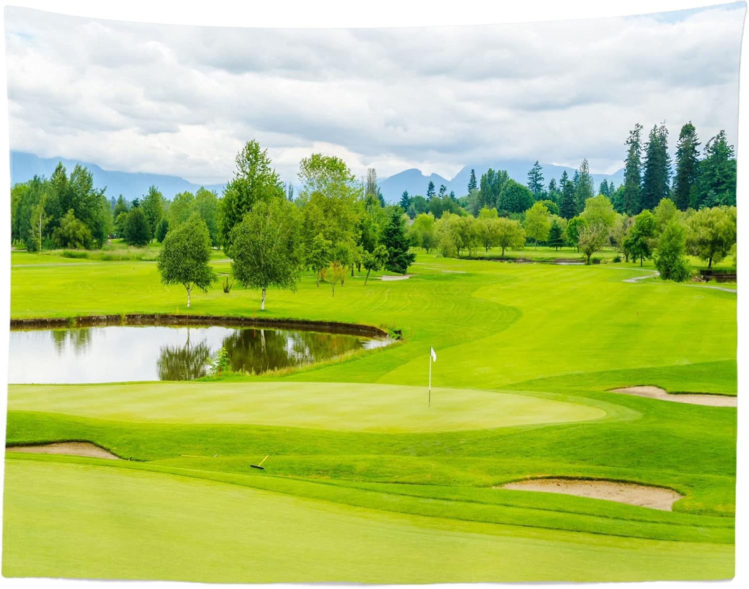 Fabric 15x8ft Golf Course Backdrop Blue Sky White Clouds Green Grass Trees Lawn Pond Photography Background Golf Sports Party Decorations Holiday Vacation Birthday Banner Photo Studio Props