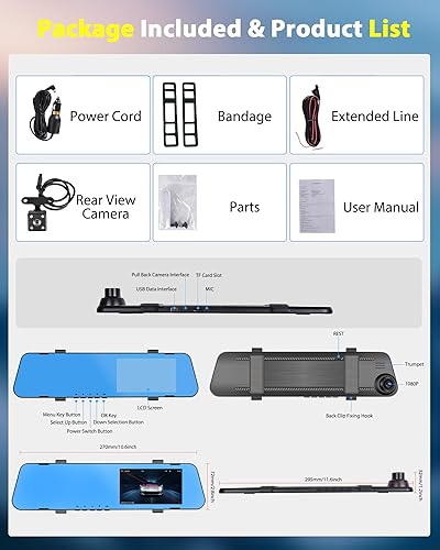 Miniatura 9 de Podofo Cámara de espejo retrovisor de 4.5 "Cámara de tablero DVR Monitor de visión trasera Sistema de grabación de video de doble cámara 1080P