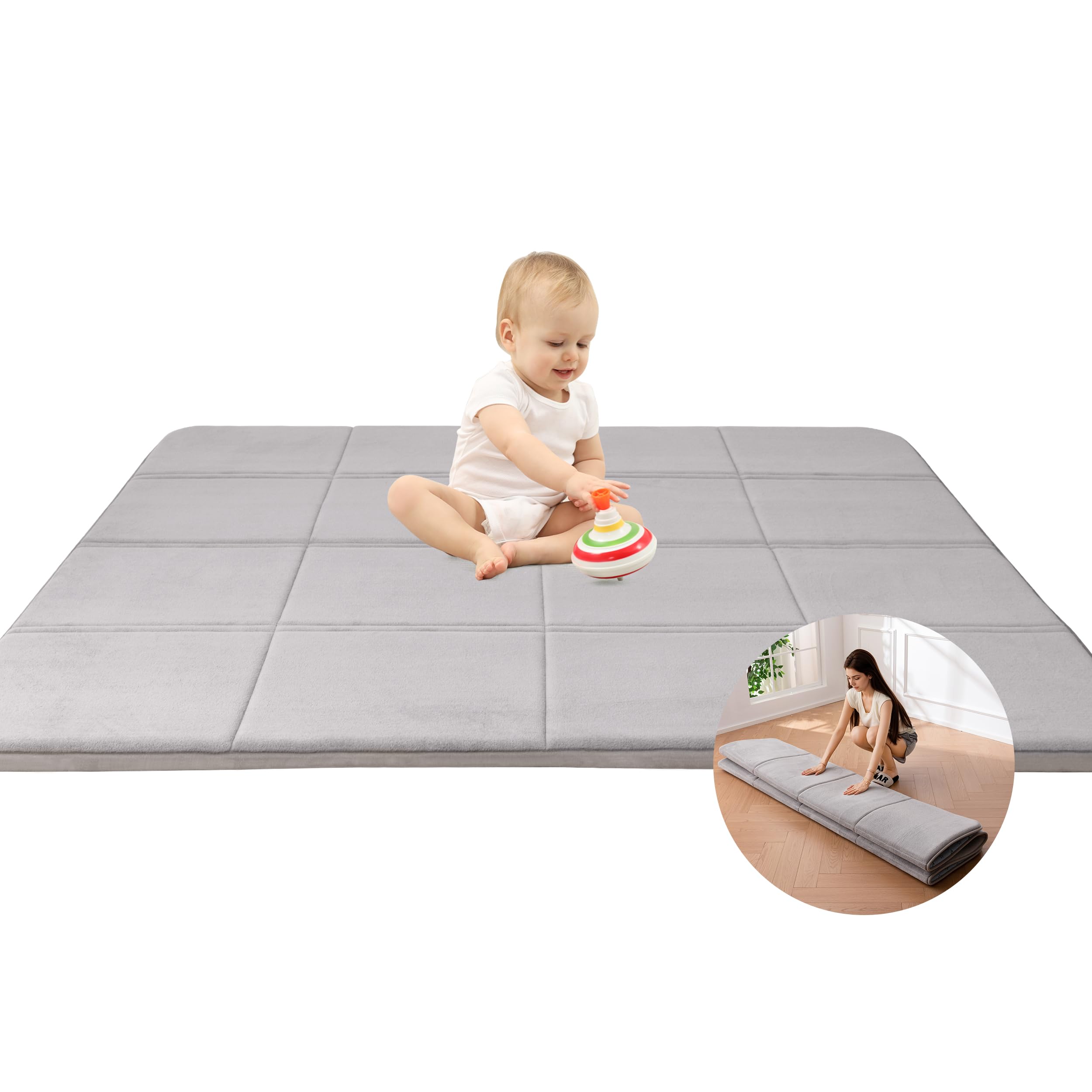 MAXYOYO 1.2" Thick Baby Play Mat for Floor, Foldable Playpen Mat, Tummy Time Foam Mat Ultra Soft Support, Padded Carpet with Non-Slip Backing for Infant,Kids and Toddler Crawling, Grey