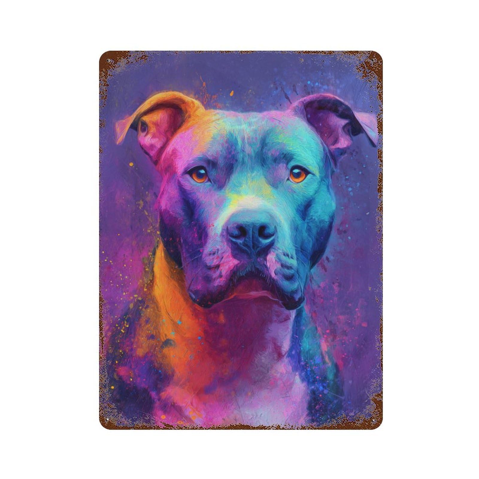 Colorful Pitbull Portrait 15.7"x11.8" Distressed Metal Wall Sign, Industrial Home Decor for Patio, Garden Room And Bar Decor