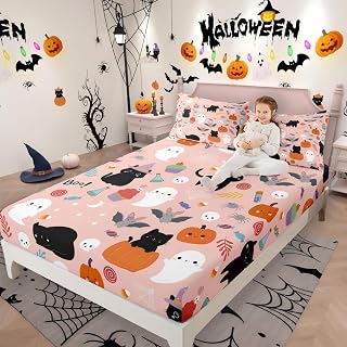 Erosebridal Happy Halloween Bedding Sets Full Size Pumpkin Lantern Fitted Sheet, Cobwebs Castle Bed Sheets Spooky Cat Bat Bedding Decor Set for Boys Girls Halloween Decor Halloween Decorations