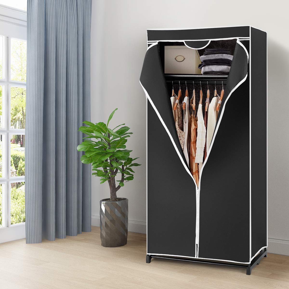 CASART Fabric Wardrobe, Portable Clothes Closet with Dust-proof Cover and Zippers, Freestanding Clothing Organiser for Shirts, Garments, Shoes, Toys Storage (Black)