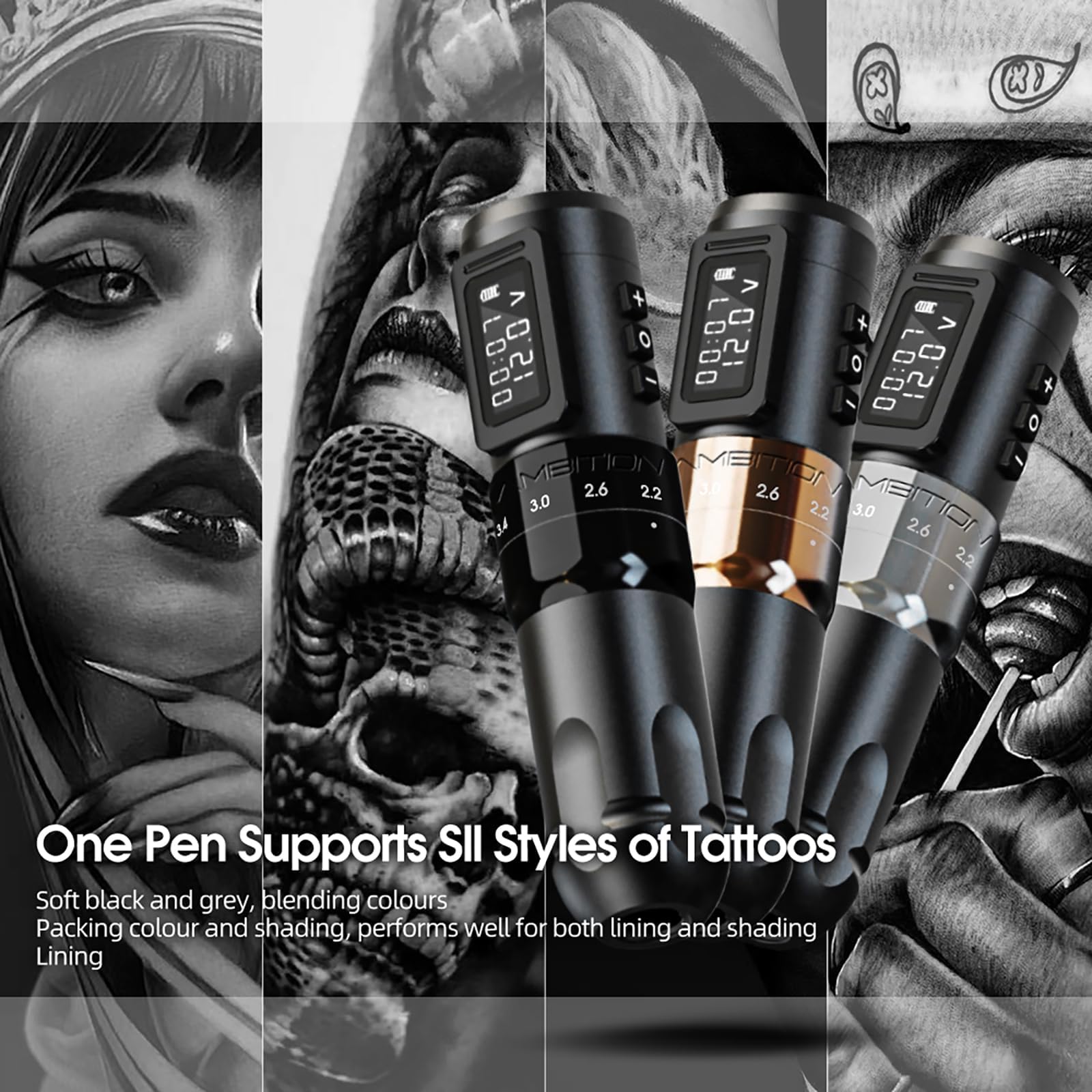 Ambition MARS-U Maquina de Tatuar Rotativa Inalambrica 6 Ajustes 2.2-4.2mm 1800mAh Motor sin Nucleo