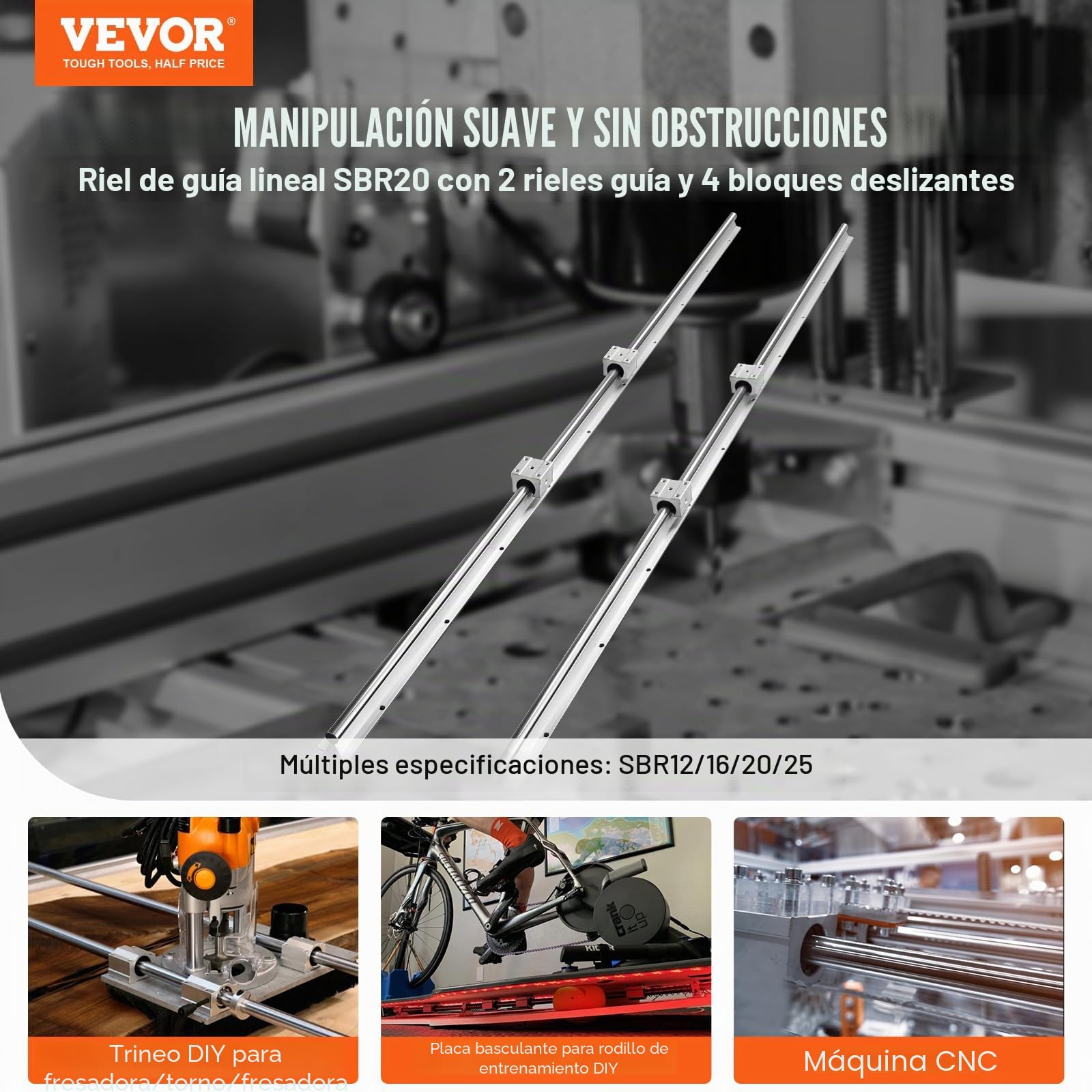 VEVOR Riel de guía lineal SBR20 1500 mm 2 rieles 4 bloques SBR20UU Kit deslizadores CNC