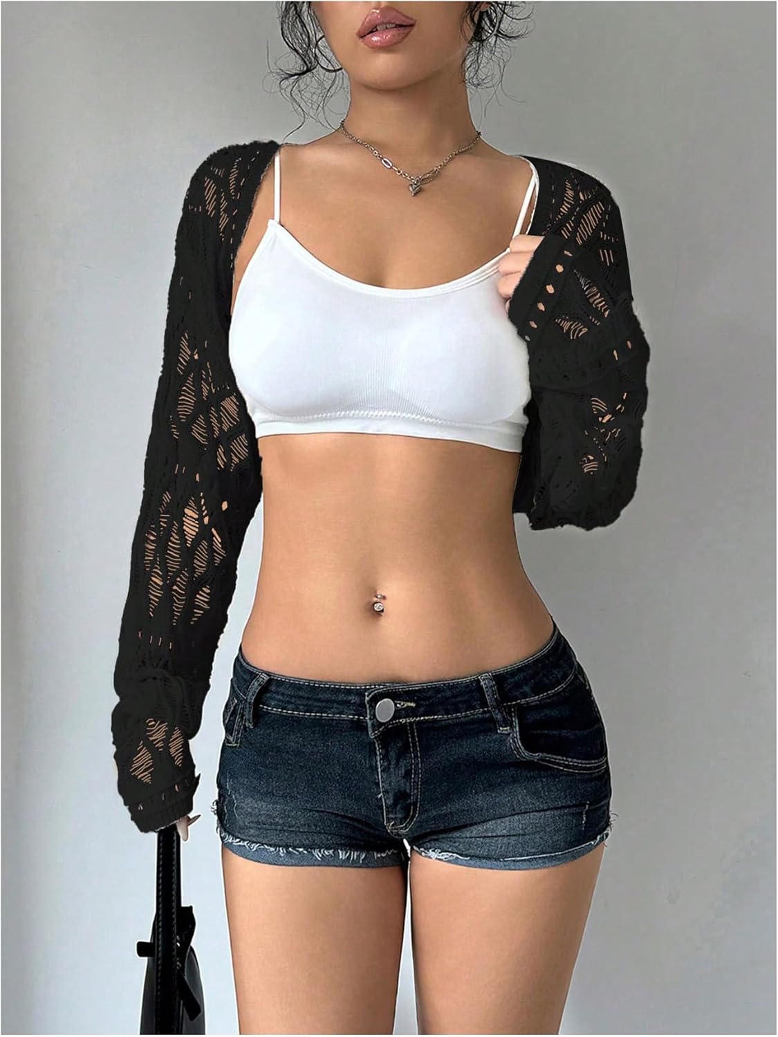 Verdusa Crochet Cropped Shrugs For Women Y2K Lightweight Cardigan Bolero Shrug Hollow Out Knit Top - Image 3