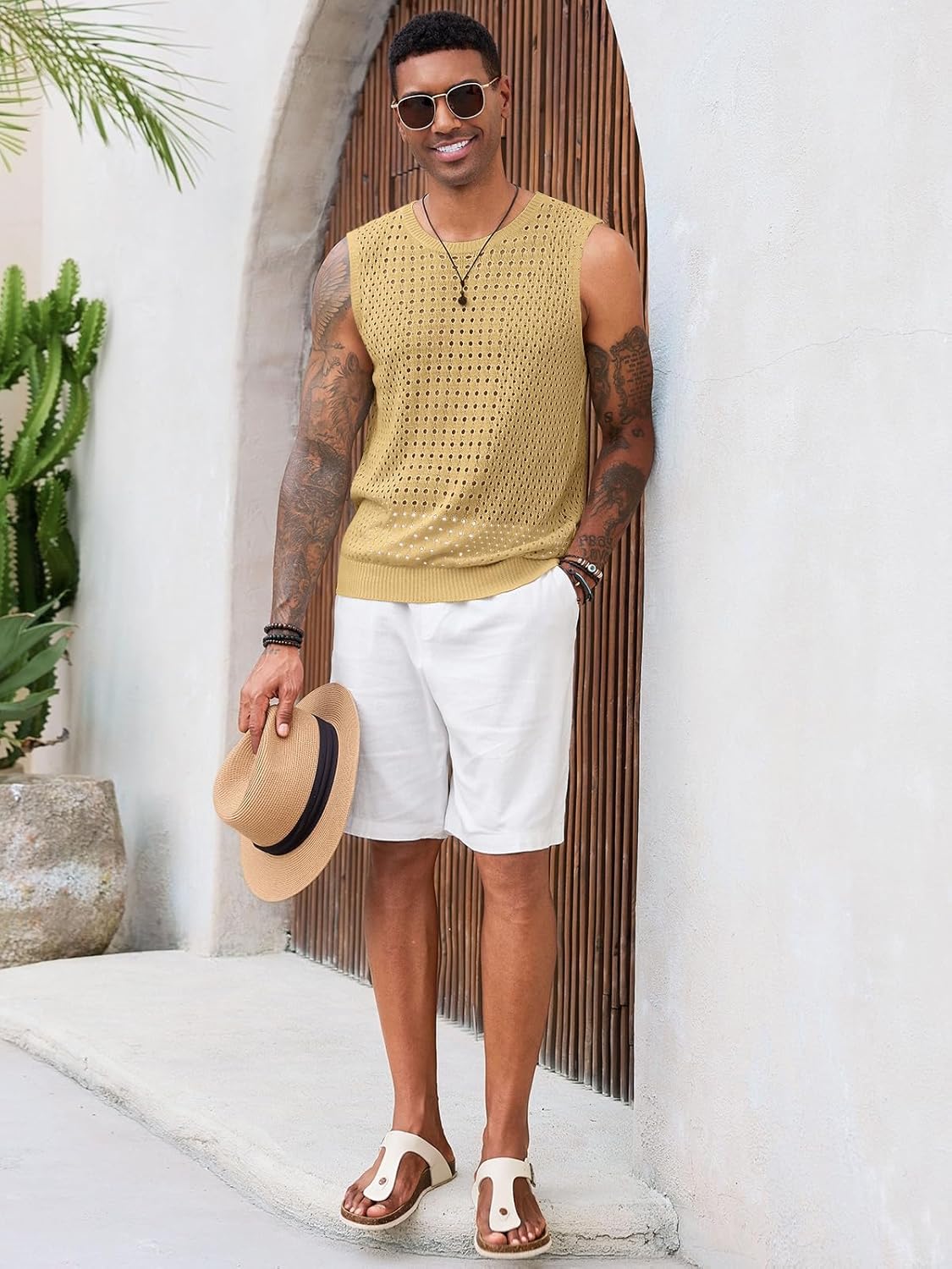 Runcati Mens Knit Sleeveless Tank Tops Casual Hollow Out T Shirts Beach Summer See Through Tops - Image 4