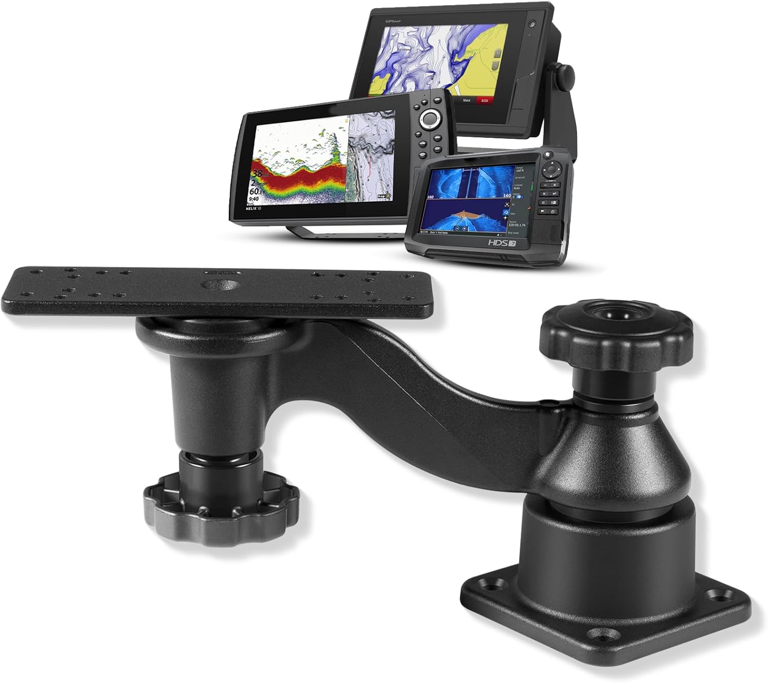 Universal fish finder mount with 6" swing arm for 5"-12" screens