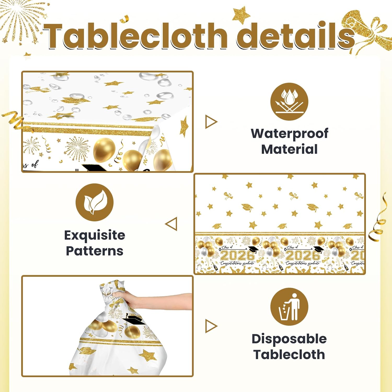 Avezano 3 pcs Graduation Tablecloths 108x54 inch Graduation Table Cloths Class of 2026 White and Gold Grad Party Tablecover Decorations Disposable Plastic