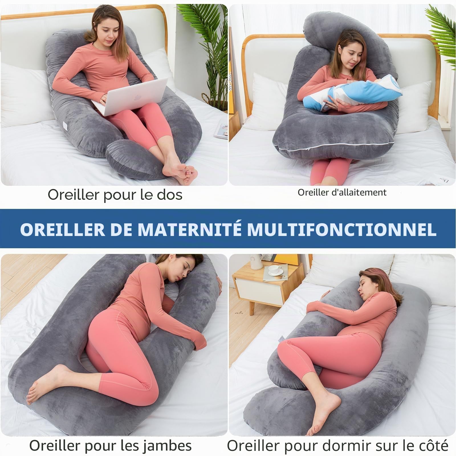 Oreiller de grossesse déchiqueté en mousse à mémoire de forme, coussin de grossesse en forme de U pour dormir, oreiller de maternité pour femme enceinte avec housse en velours