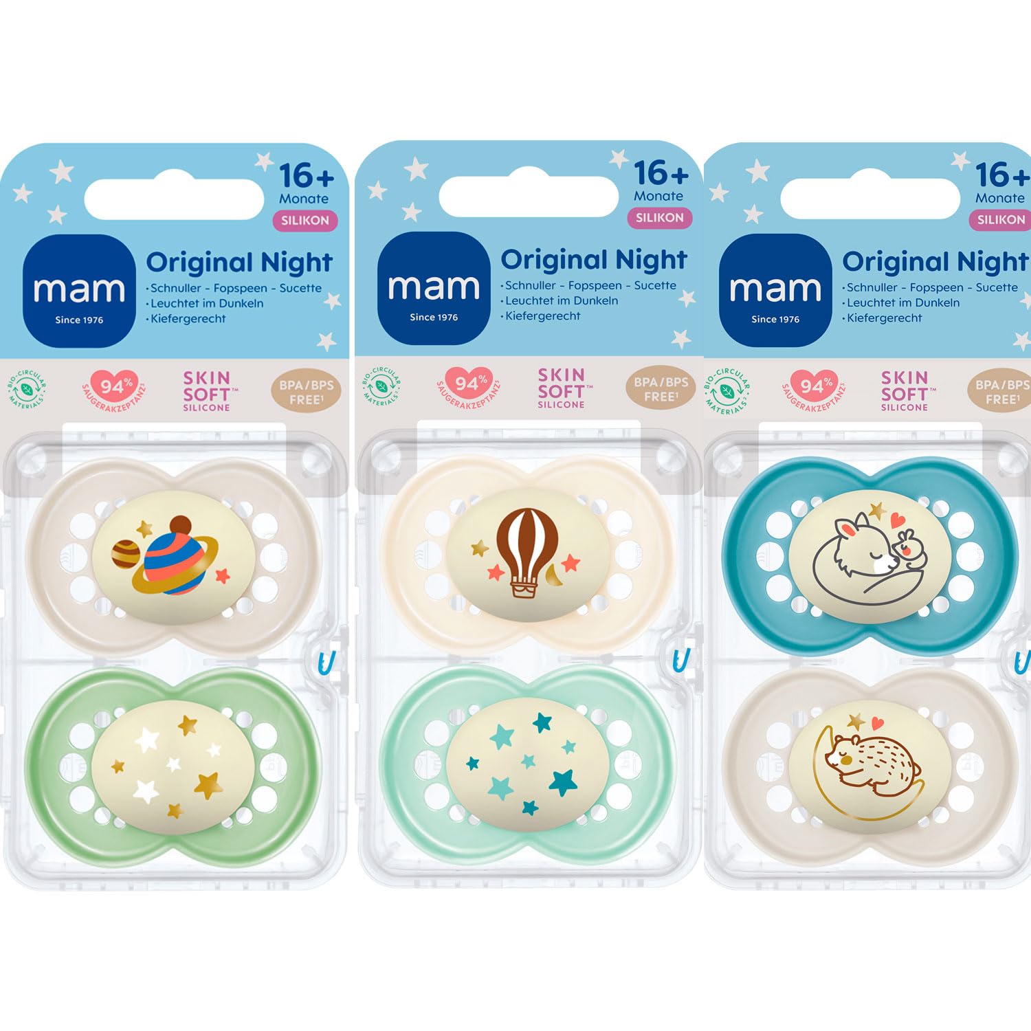 Set Ciucci Mam Original E Night (2 Pezzi) In Silicone Skinsoft, 6-16 Mesi, Con Custodia – Uno Si Illumina Al Buio, Forma Anatomica, Neutro - 2